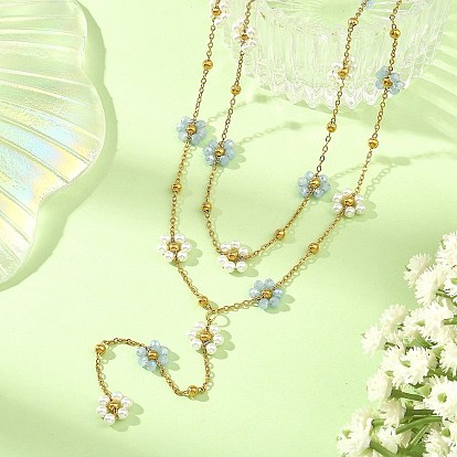304 Collares de doble capa en forma de Y con cadena de eslabones de flores de vidrio y acero inoxidable, con abs perla de plastico, blanco y azul claro