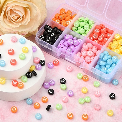 440Pcs 8 Colors Opaque Acrylic Beads, Flat Round with White Heart & Flower & Moon & Star Pattern