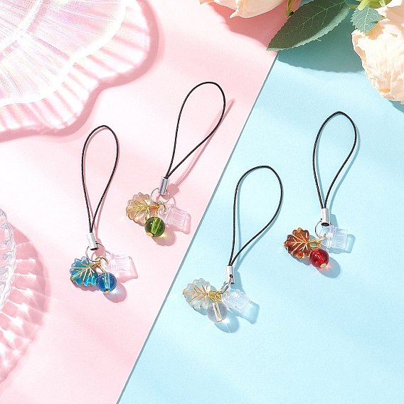 Подвески в виде листьев из стекла и акрила для мобильных телефонов, с ПВХ-заглушками для защиты от пыли и полиэфирным шнуром