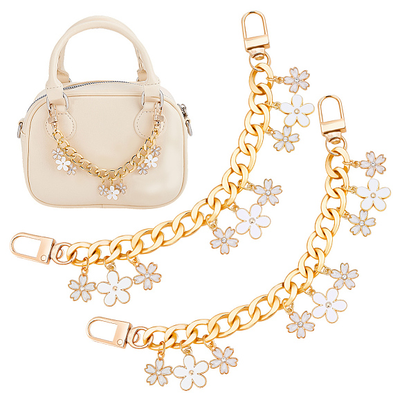 2Pcs Alloy Enamel White Flower Pendant Aluminum Curb Chain Bag Decorative Chains, with Swivel Clasps