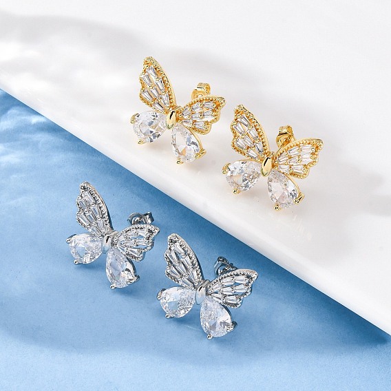 Серьги-гвоздики из латунного микро-паве, бабочка, без кадмия и без свинца, стойки покрытие, долговечный