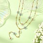 304 Stainless Steel Glass Flower Link Chain Double Layer Y Necklaces, with ABS Plastic Pearl, White and Light Blue
