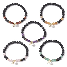 6mm Round Natural Lava Rock & Gemstone Beaded Stretch Bracelets, Round Shell Pearl and 304 Stainless Steel Star Charm Bracelets