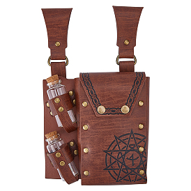 Rectangle PU Leather Medieval Waist Belt Bag with 2Pcs Glass Potion Bottles, with Alloy Buckle