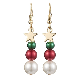 Christmas Round Glass & Shell Pearl Dangle Earrings, Star Brass Earrings for Women