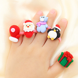 Christmas Santa Claus Red Gloves Gift Box with Penguin and Teddy Bear 5-Piece Children's Ring Set