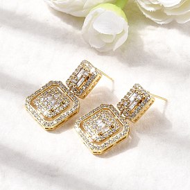 Серьги-гвоздики с цирконом из латуни, прямоугольник с квадратом