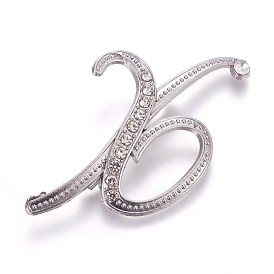 Alloy Brooches, with Rhinestone, Letter