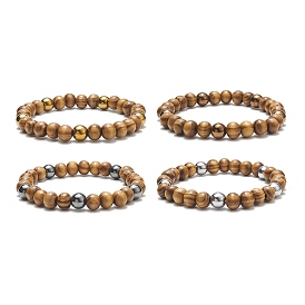 Bracelet extensible en perles rondes en bois naturel et hématite synthétique pour femme