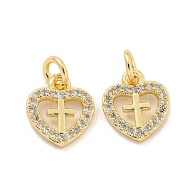Brass Micro Pave Clear Cubic Zirconia Charms, Heart with Cross
