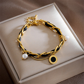 Bracelet en cuir et acier titane, minimaliste, vintage, perle, chiffres romains, pendentif circulaire