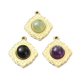 Gemstone Rhombus Pendants, 304 Stainless Steel Charms, Real 14K Gold Plated