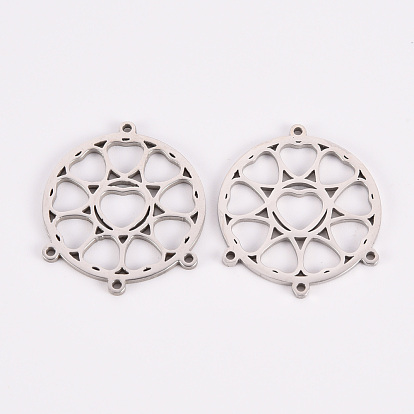 304 Stainless Steel Chandelier Component Links, Laser Cut, Flat Round with Heart