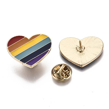 Alloy Brooches, Enamel Pin, with Brass Butterfly Clutches, Rainbow Heart, Light Gold