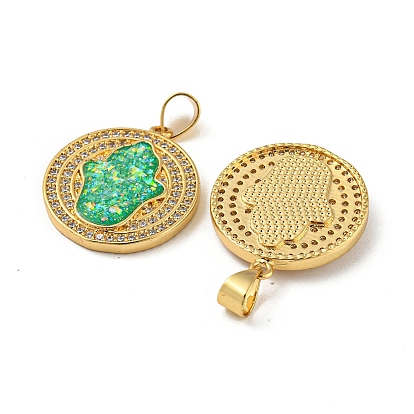 Brass Pendants Micro Pave Cubic Zirconia with Synthetic Opal, Real 18K Gold Plated, Flat Round with Hamsa Hand