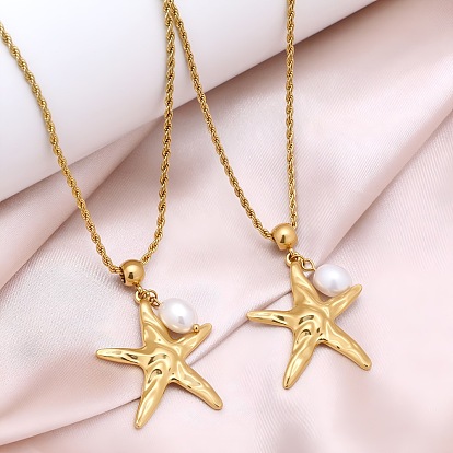Ocean 304 Stainless Steel & Natural Pearl Pendant Necklaces for Women, Starfish, Floral White
