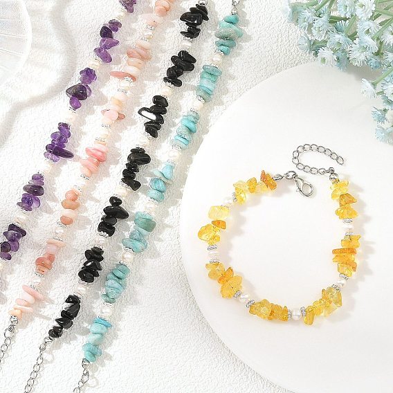 Natural Mixed Stone Chip and Potato Cultured Freshwater Pearl Beaded Bracelets for Women, Stainless Steel Color, Mixed Dyed and Undyed