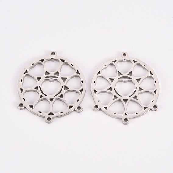 304 Stainless Steel Chandelier Component Links, Laser Cut, Flat Round with Heart
