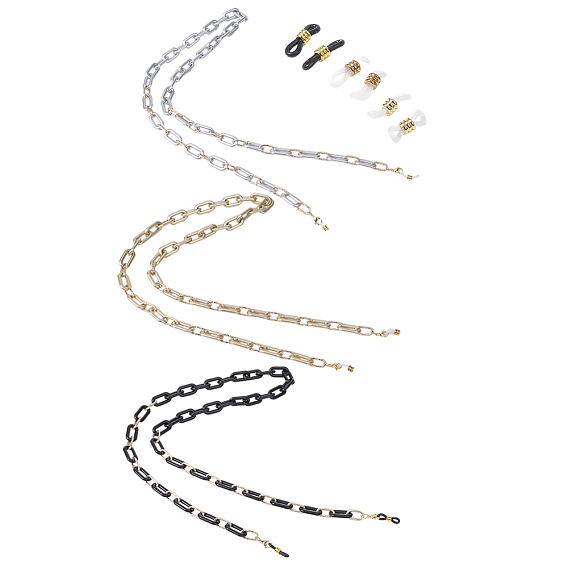 3шт 3 цвета цепочки для очков, шейный ремешок для очков, с окрашенными распылением пластмассовыми и алюминиевыми цепями ccb, 304 застежки-лобстеры из нержавеющей стали и концы резиновых петель