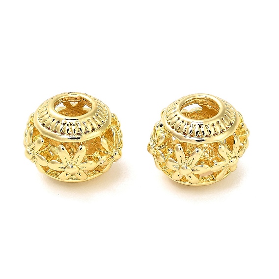 Полые латунные европейские бусины, RONDELLE с цветком, бусины с большим отверстием, стойки покрытие, долговечный, без свинца и без кадмия