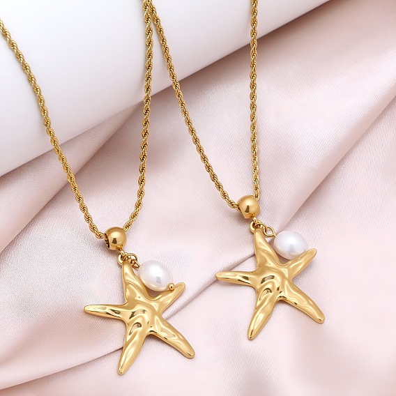 Ocean 304 Stainless Steel & Natural Pearl Pendant Necklaces for Women, Starfish, Floral White