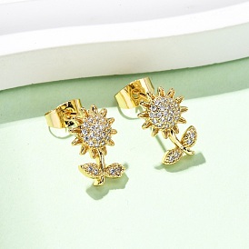 Серьги-гвоздики в форме цветка с микропаве из прозрачных кубических цирконий из латуни