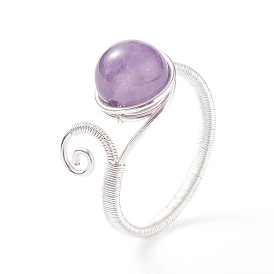Copper Wrapped Natural Gemstone Braided Bead Rings for Women Men, Silver