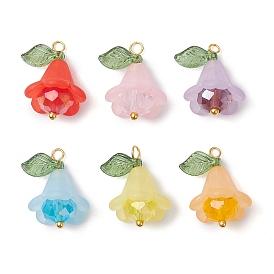 6Pcs Acrylic & Glass Pendants, with Golden Brass Ball Head Pins, Flower