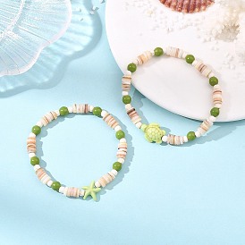 2Pcs Synthetic Turquoise and Natural Freshwater Shell Beads Stretch Bracelets for Women Men, Starfish & Turtle