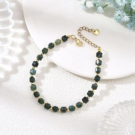 Pulseras de cuentas redondas de latón, ágata musgosa natural facetada en forma de cubo.