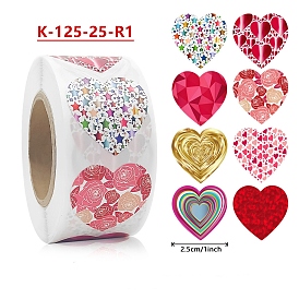 8 Styles Valentine's Day Stickers Roll, Round Paper Heart Pattern Adhesive Labels, Decorative Sealing Stickers for Gifts, Party