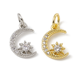 Brass Micro Pave Cubic Zirconia Charms, with Jump Ring, Moon & Star Charm