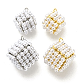 Rack Plating Brass with Plastic Pearl Pendants, Long-Lasting Plated, Lead Free & Cadmium Free, Cube Charms