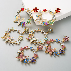 Exaggerated Alloy Diamond Butterfly Earrings with Vintage Colorful Flower Drops