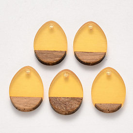 Transparent Resin & Walnut Wood Pendants, Waxed, Teardrop