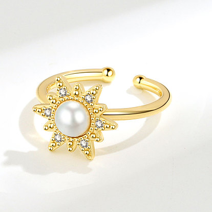 Cubic Zirconia Sun Rotating Ring for Calming Worry, Brass Open Cuff Rings with Natural Pearl