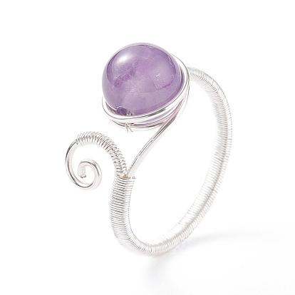 Copper Wrapped Natural Gemstone Braided Bead Rings for Women Men, Silver