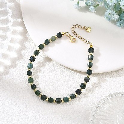 Pulseras de cuentas redondas de latón, ágata musgosa natural facetada en forma de cubo.