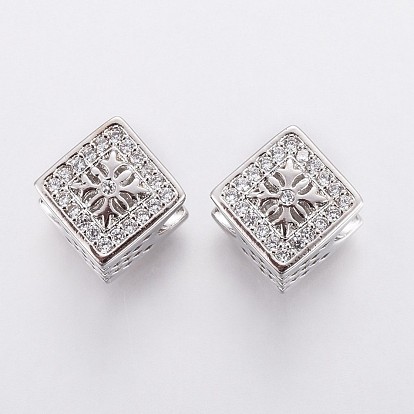 Brass Micro Pave Cubic Zirconia European Beads, Large Hole Beads, Rhombus, Clear