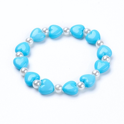 Kids Stretch Bracelets, with Colorful Acrylic Beads and Acrylic Imitation Pearl, Heart
