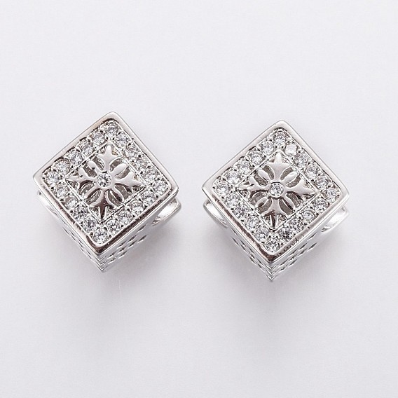 Brass Micro Pave Cubic Zirconia European Beads, Large Hole Beads, Rhombus, Clear