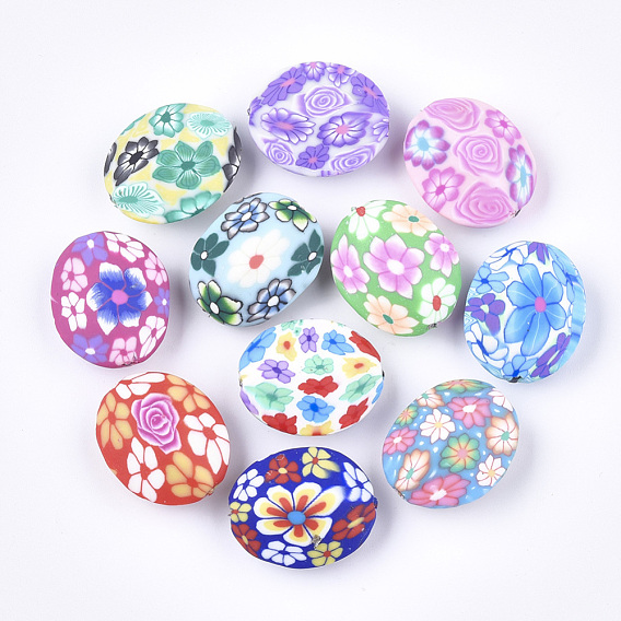 Handmade Polymer Clay Beads, Oval with Flower Pattern