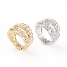 Adjustable Brass Micro Pave Clear Cubic Zirconia Cuff Rings, Open Rings, with Acrylic Pearl, Long-Lasting Plated