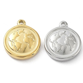 304 Stainless Steel Pendants, Flat Round with Map Charm