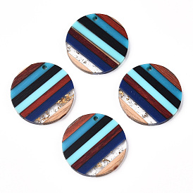 Resin & Walnut Wood Pendants, with Gold Foil, Flat Round Charms