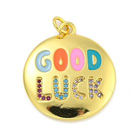 Real 18K Gold Plated Brass Micro Pave Cubic Zirconia Pendants, with Enamel and Jump Rings, Flat Round with Word Good Luck
