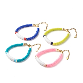 Pulsera hecha a mano con cuentas heishi de arcilla polimérica, pulsera surfera con cuentas acrilicas tubo, Pulsera con abalorio de estrella pequeña de latón para niña y mujer., dorado