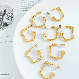 Geometric Vintage Irregular Hollow Square Pearl Earrings for Women in Titanium Steel Material