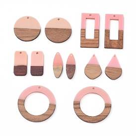Resin & Walnut Wood Pendants, Flat Round, Ring, Rectangle, Horse Eye, Teardrop