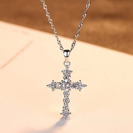 Elegant 925 Sterling Silver Clear Cubic Zirconia Cross Pendant Rope Chain Necklaces